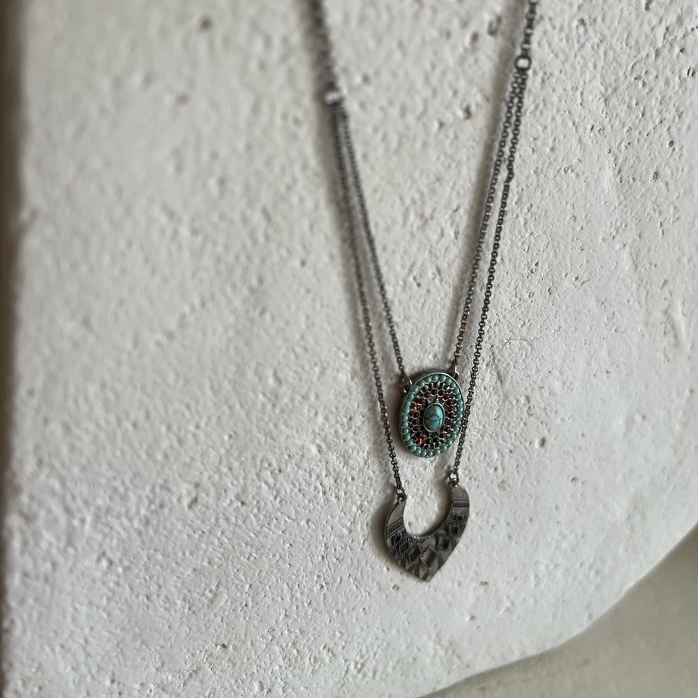 LUCKY Boho Silver tone Necklace Double Strand Lobster Claw Layered - Picture 5 of 14